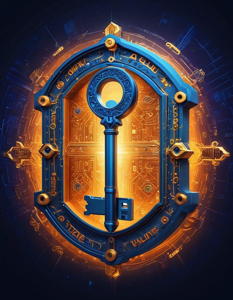 A majestic key unlocking a glowing digital vault filled with various domain names and symbols representing the internet. The background showcases a vast, interconnected web of networks and circuits, symbolizing the online world. The color palette features deep blues and bright golds to convey a sense of opportunity and excitement. Stylized infographic arrows point towards the vault, emphasizing the journey of discovering valuable domains. vibrant colors. digital art. 3D.