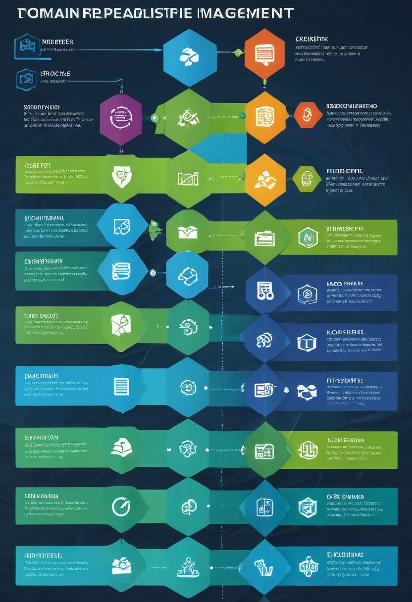 A visually engaging infographic depicting the journey from domain registry to website portfolio management. Include elements such as a visual timeline, icons representing domain names, web hosting, website design, and digital presence. Use a color palette that suggests professionalism and creativity, like blues and greens with bold typography. Incorporate flowing arrows to show progression and connection between steps. vector art. vibrant colors.