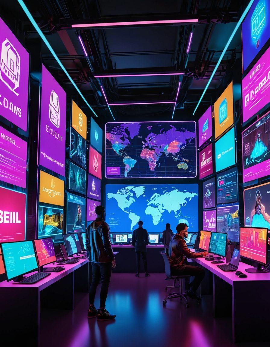 A bustling digital marketplace scene filled with avatars representing diverse entrepreneurs browsing through colorful domain names displayed on virtual booths. In the foreground, an individual is engaged in a animated conversation, showcasing tips on acquiring valuable domains while strategically placing markers on a map of a vast virtual empire. Bright neon highlights and digital icons add a futuristic touch. vibrant colors. 3D. cyberpunk.